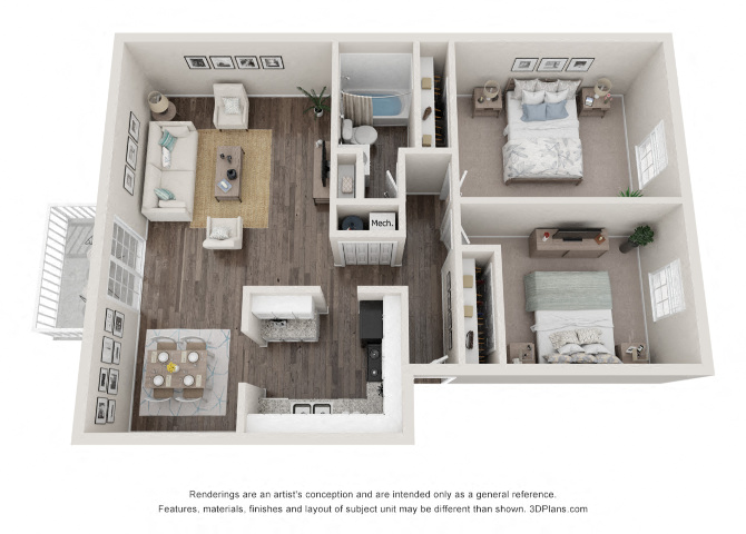 Floor plan for 2 beds, 1 bath, 862 sqft